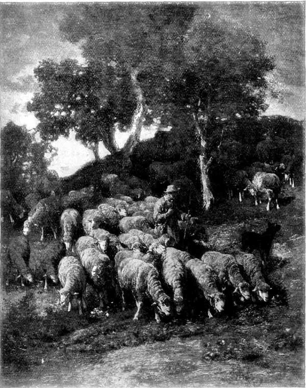 A SHEPHERD AND HIS FLOCK. FROM A PAINTING BY CHARLES ÉMILE JACQUE.