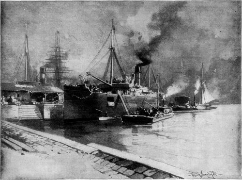 THE 'DIMBULA' TAKING CARGO FOR HER FIRST VOYAGE.
