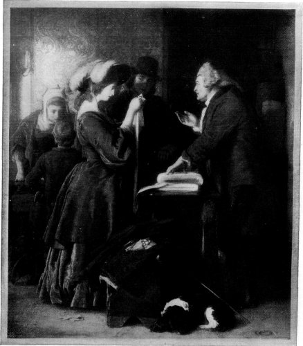 CHOOSING THE WEDDING GOWN. FROM A PAINTING BY WILLIAM MULREADY IN THE SOUTH KENSINGTON MUSEUM, LONDON.