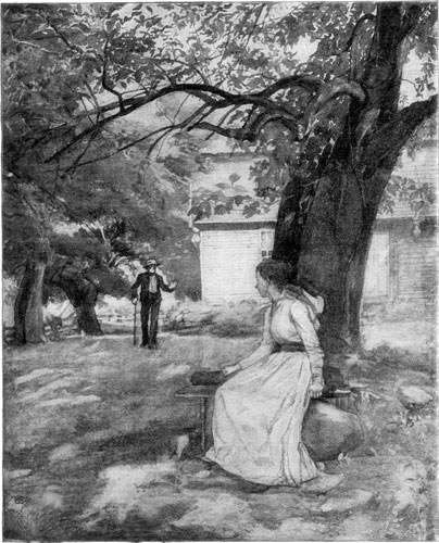'AS ARMIDA SAT ON THE BENCH UNDER THE OLD RUSSET APPLE-TREE, ... SHE ... LOOKED UP TO SEE A SHABBY, SHAMBLING, OLDISH MAN COMING AROUND THE SIDE OF THE HOUSE.'