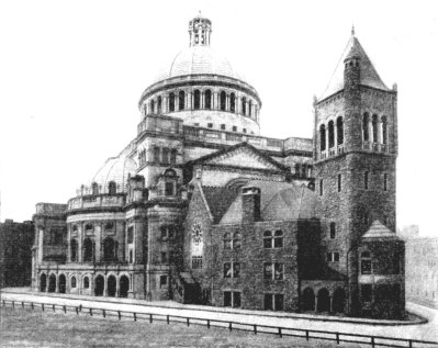 THE MOTHER CHURCH IN BOSTON THE ORIGINAL BUILDING, AT THE RIGHT, IS IN THE FORM OF A CROSS, AND THE IMMENSE "ANNEX," WITH ITS DOME, IS SUPPOSED TO REPRESENT A CROWN, THE TWO BUILDINGS THUS FORMING THE CHRISTIAN SCIENCE SEAL—THE CROSS AND CROWN