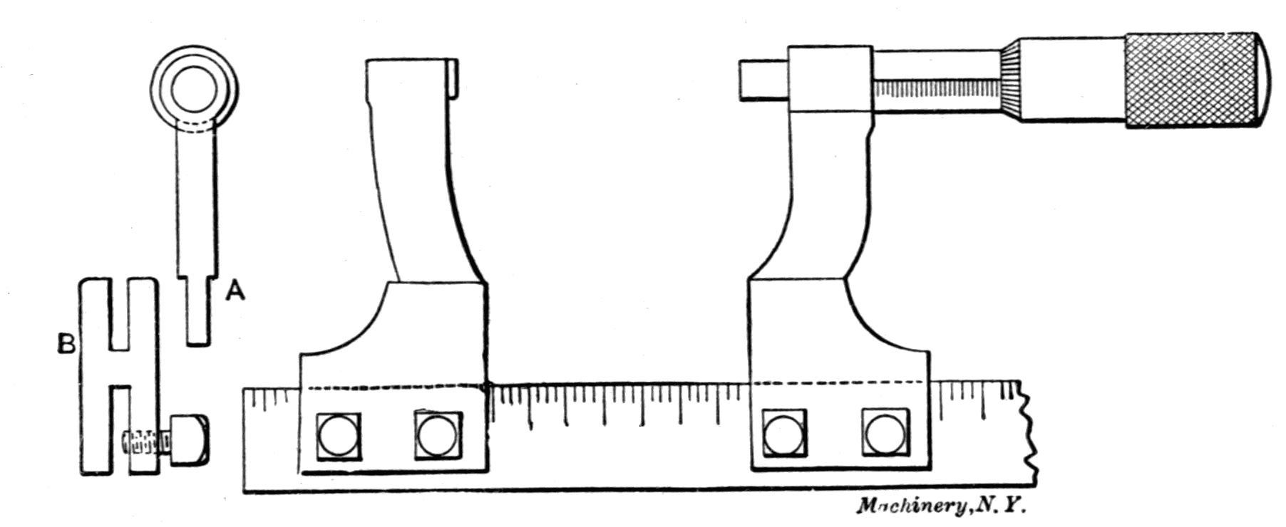 Fig. 44. Micrometer Mounted on Machinist's Scale Fig. 44. Micrometer Mounted on Machinist's Scale