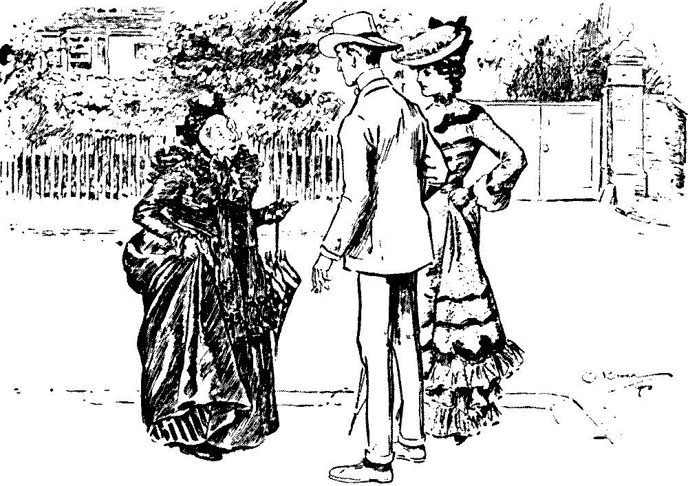 Old lady talking to couple.
