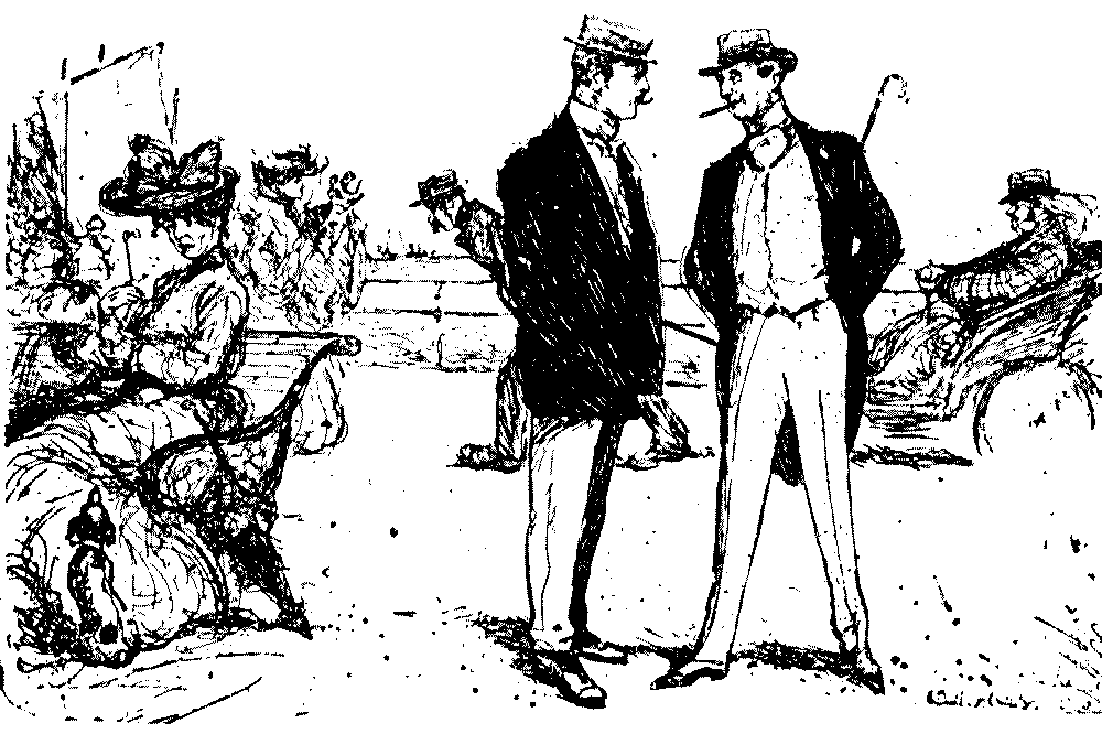 Men dicussing seated woman.
