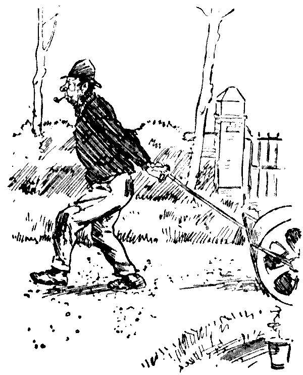 Man pulling garden roller.