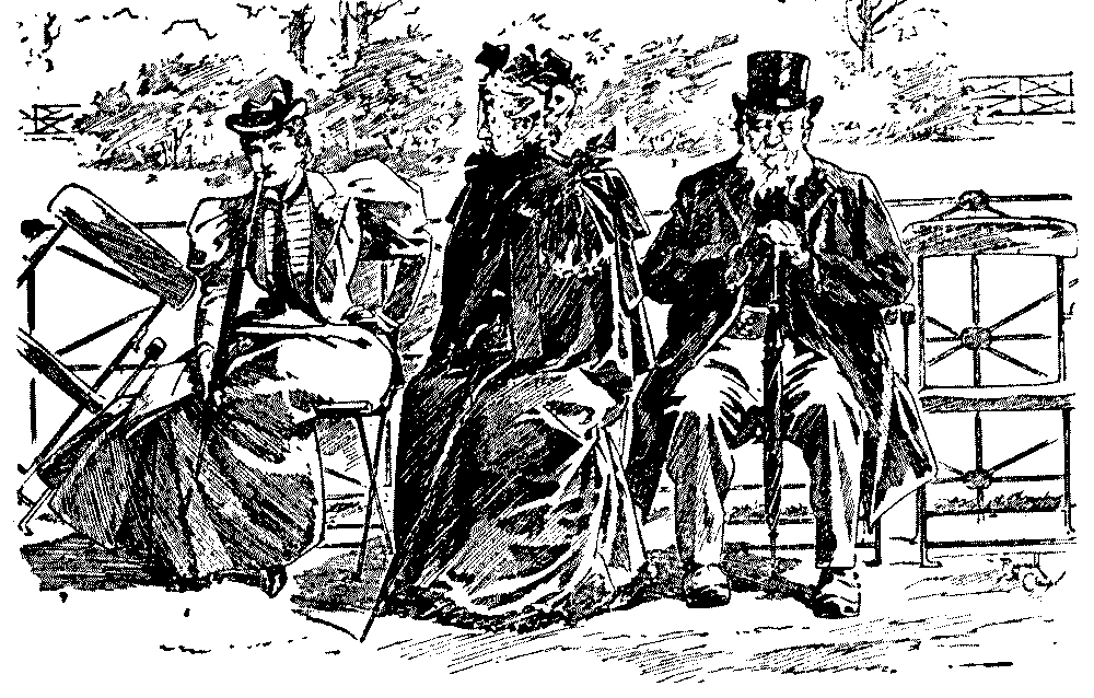 Young lady sitting on bench with parents.