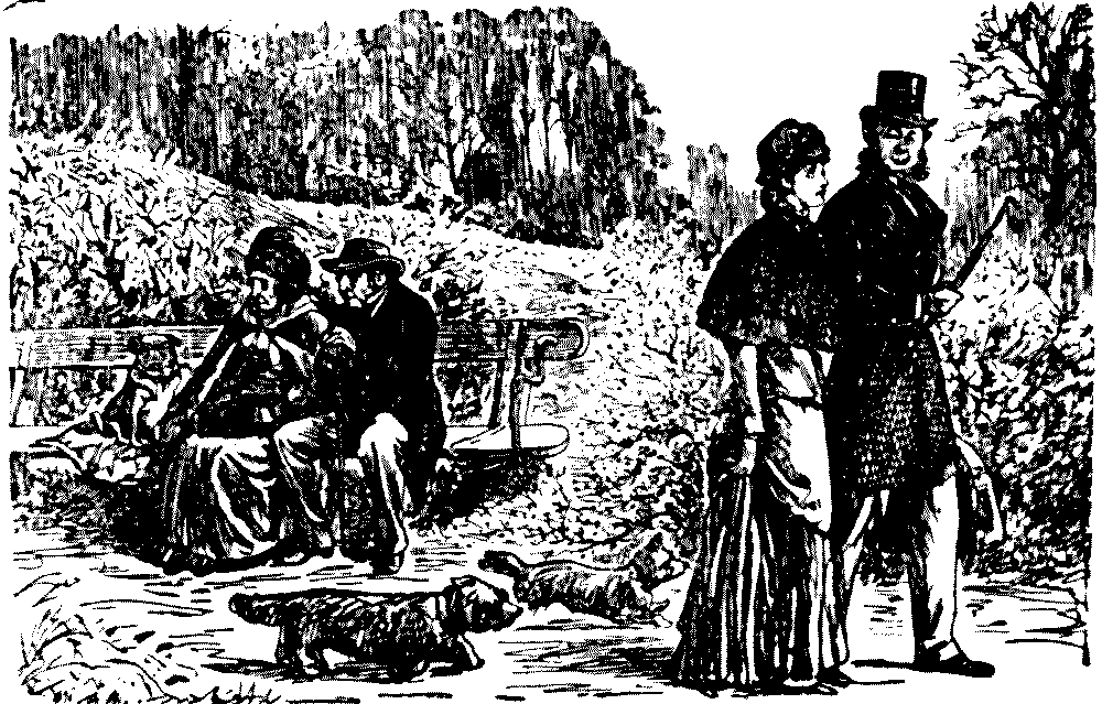 Couple discussing seated elder couple.
