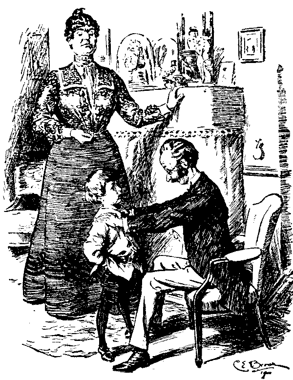 Couple talking to small boy.