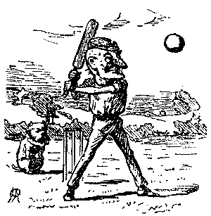 Mr Punch playing cricket.
