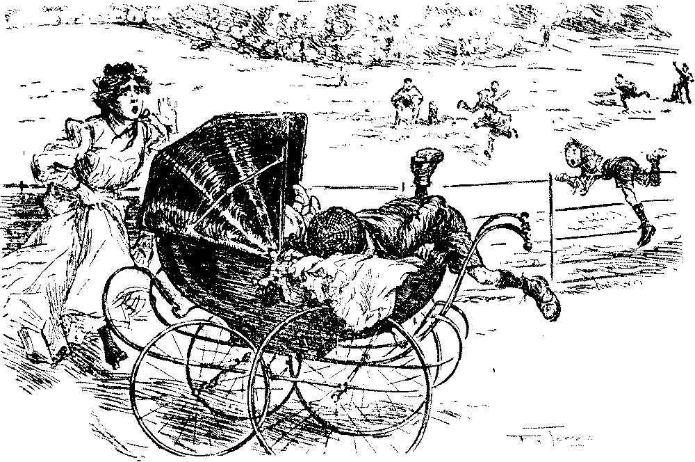 Boy searching pram. for ball.