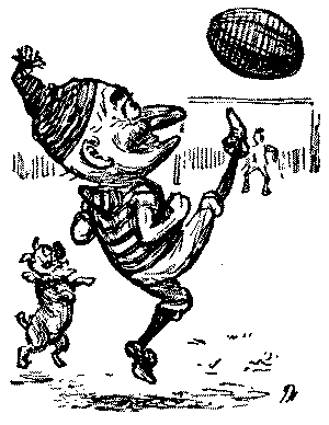 Mr. Punch playing rugby football.
