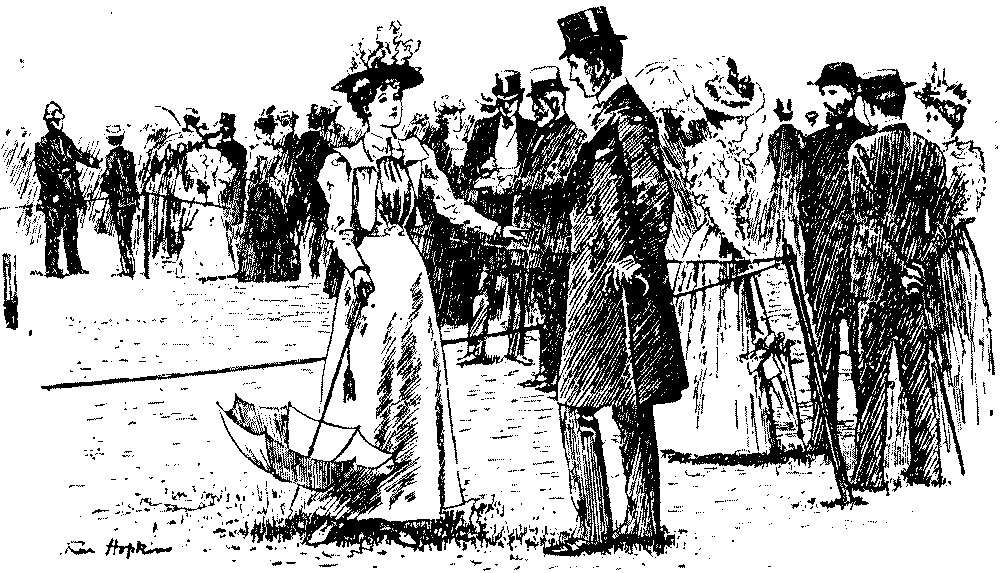 Man and woman talking at cricket match.