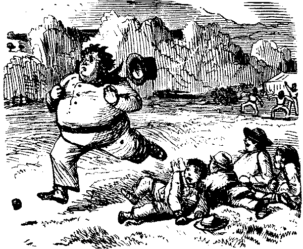 Overweight fielder chasing a ball.