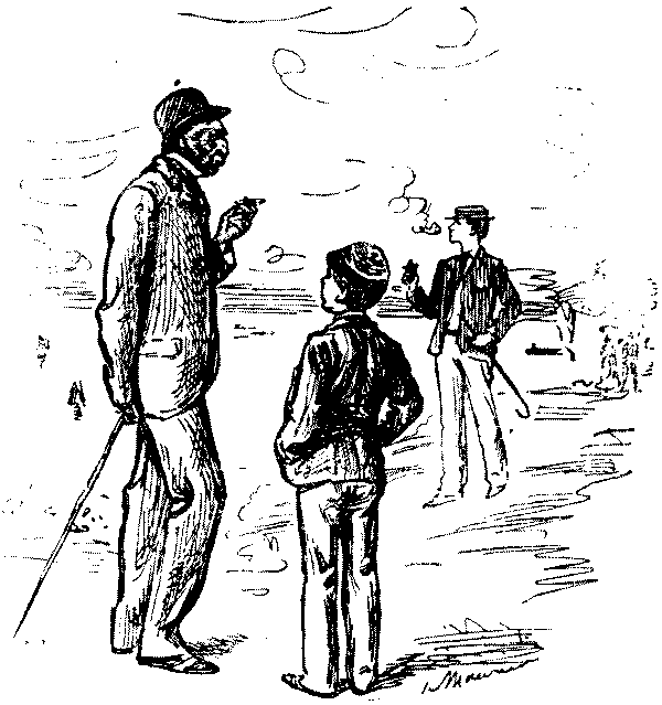 Boy talking to imposing figure.