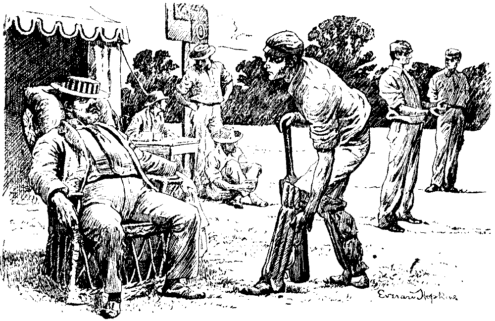 Two men talking at a cricket match.