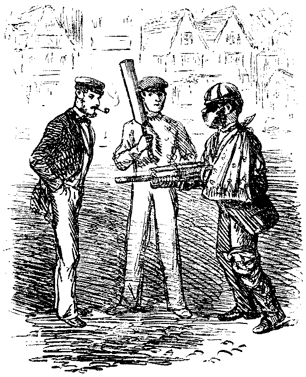 Three men discussing cricket match.