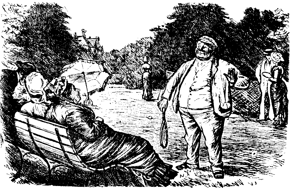 Large man talking to lady on bench.