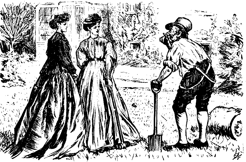 Two ladies talking to gardener.