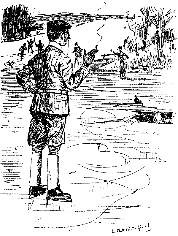 Man looking at another who has fallen in water.