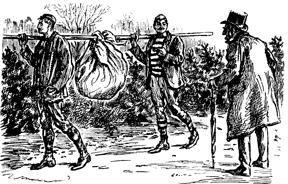 Man asking two others about a load slung between them .