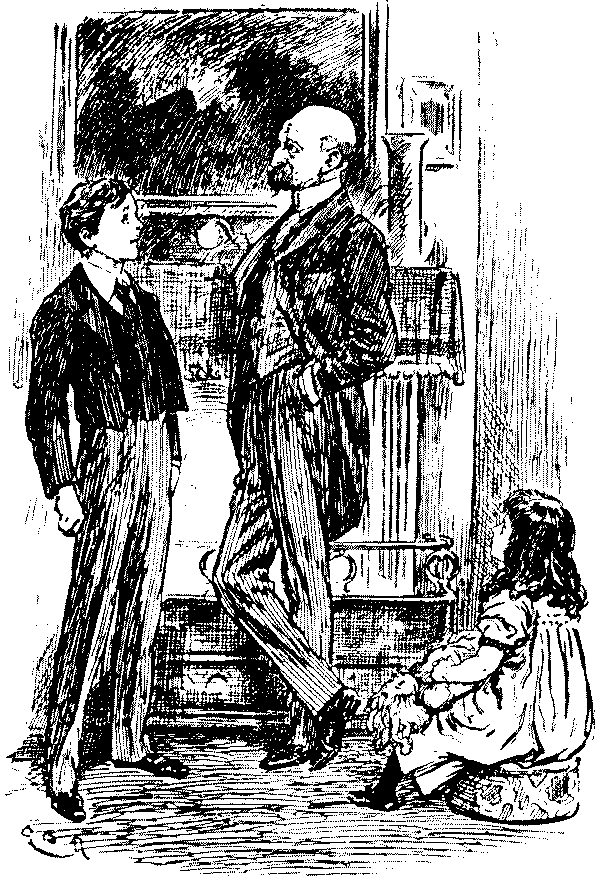 Bald headed man talking to a boy and girl.