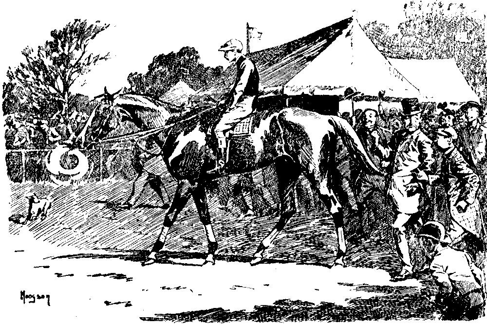 Men discussing horse.