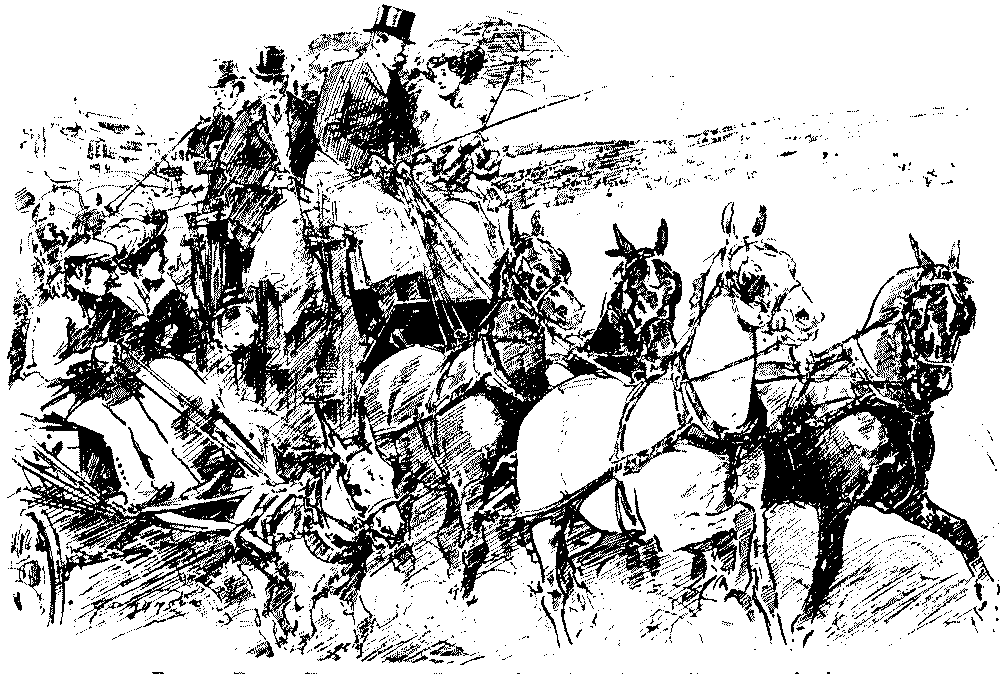 Donkey cart alongside coach and four.