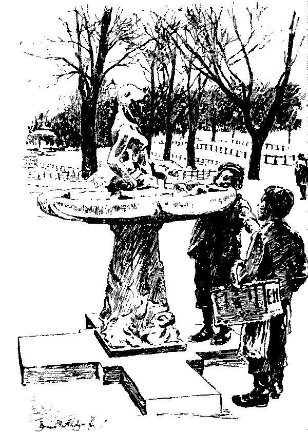 two boys looking at statue