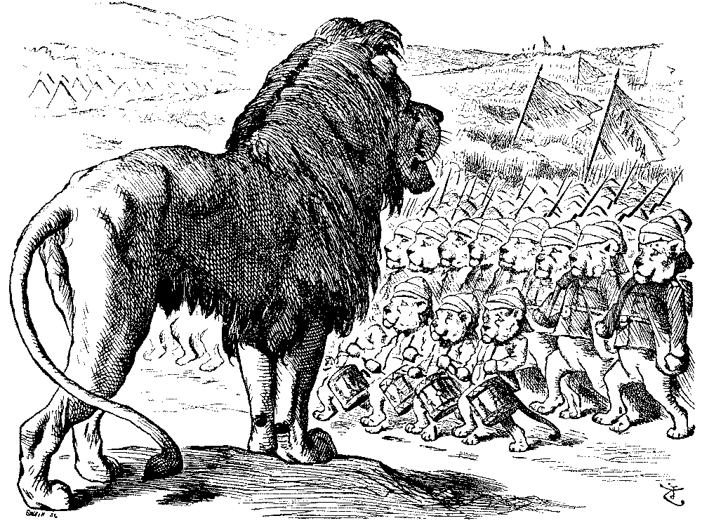 British Lion overlooking  an army of lion cubs.
