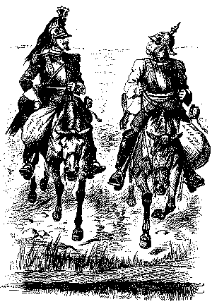 Cartoon, Britain and  Germany horse riding together.