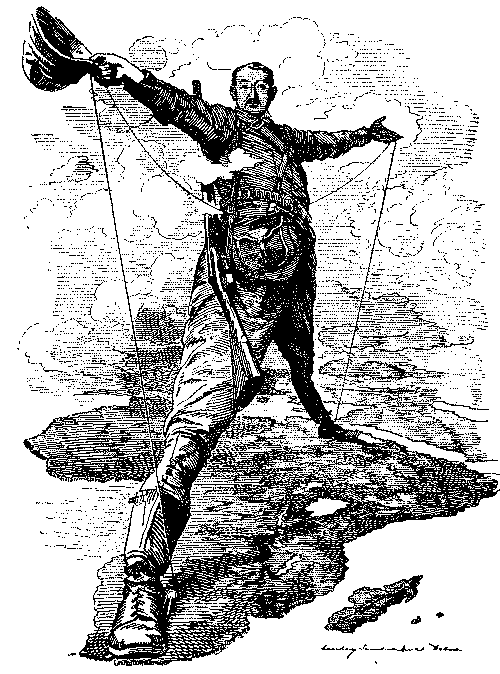Cartoon, the  Rhodes collosus.