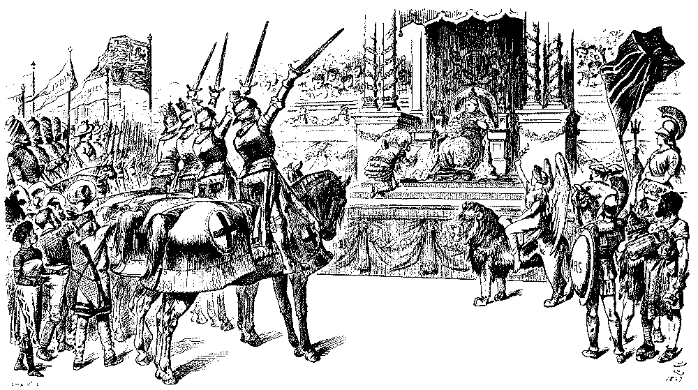 Mr. Punch kneeling before the Queen.