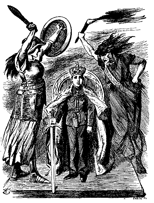 Cartoon, King of Spain being threatened.