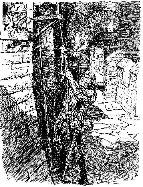 Cartoon, man at foot of ladder speaking to person in window