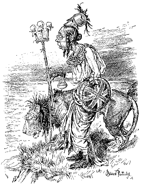 Brittania with blunt trident and leashed lion.