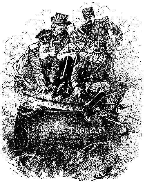 Cartoon, five nations in a cauldron