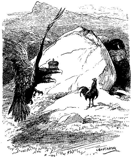 Cartoon, large bird  about to pounce on a smaller.