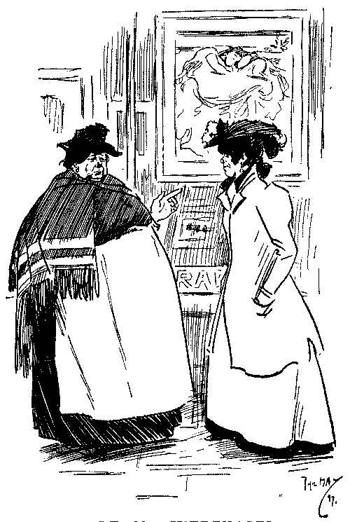 Two ladies discussing a painting.
