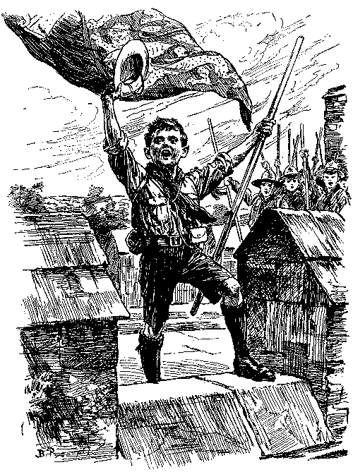 Boy scout waving flag on ramparts.