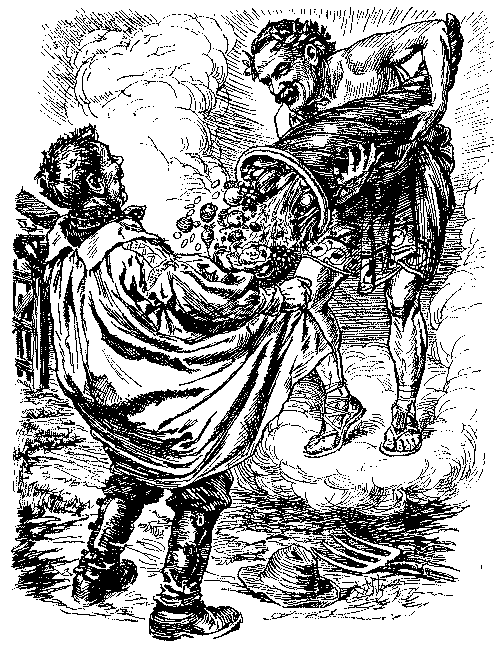 Cartoon, Horn of Plenty emptied into farmer's smock.