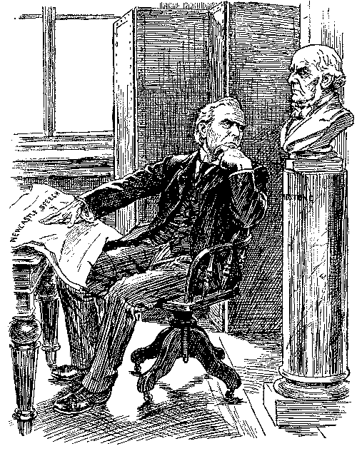 Mr. Asquith speaking to mable bust of Lloyd George