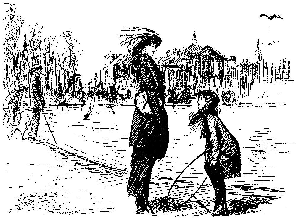 Lady and girl talking.