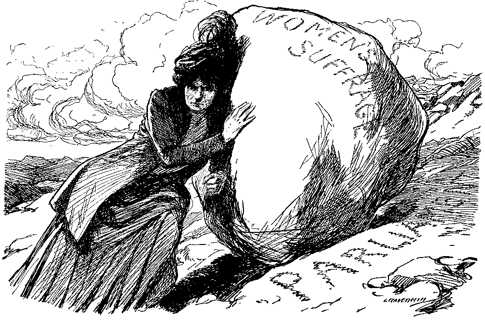 Cartoon, lady with large boulder.