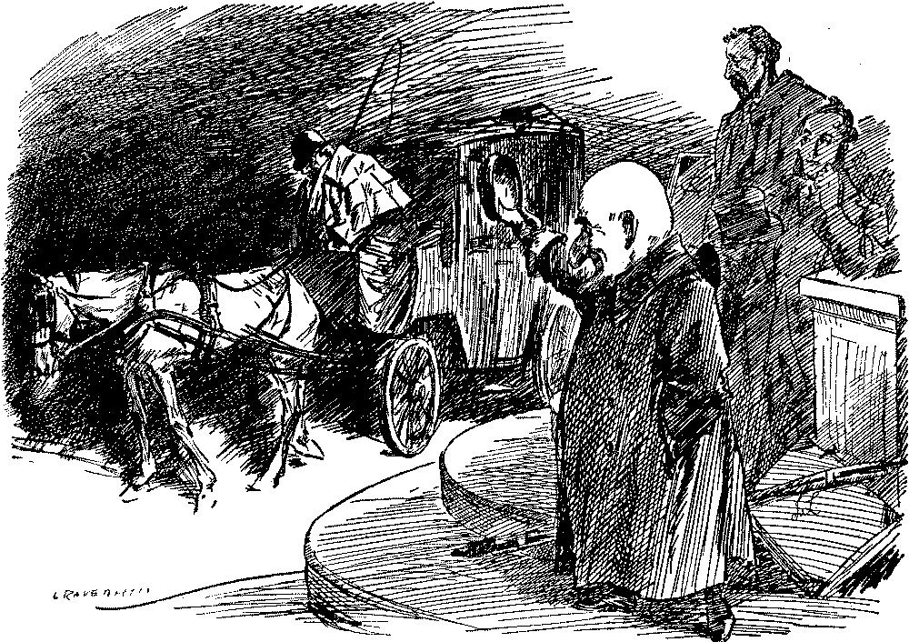 Cartoon. MR. Punch watching a horse drawn cab.