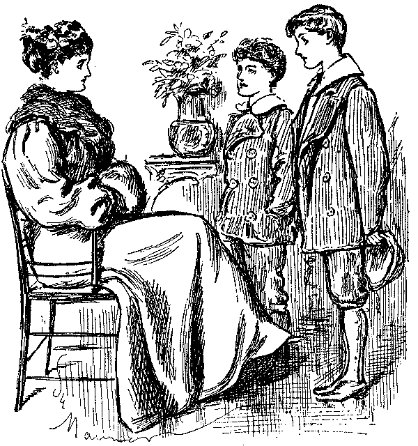 Lady speaking to two boys.