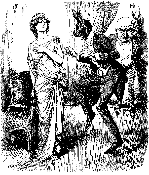 Cartoon, man with rabbit mask, addressing a dancer.