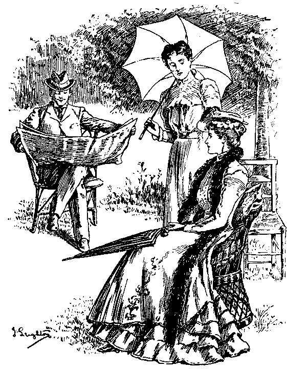 Women discussing a mans hat.
