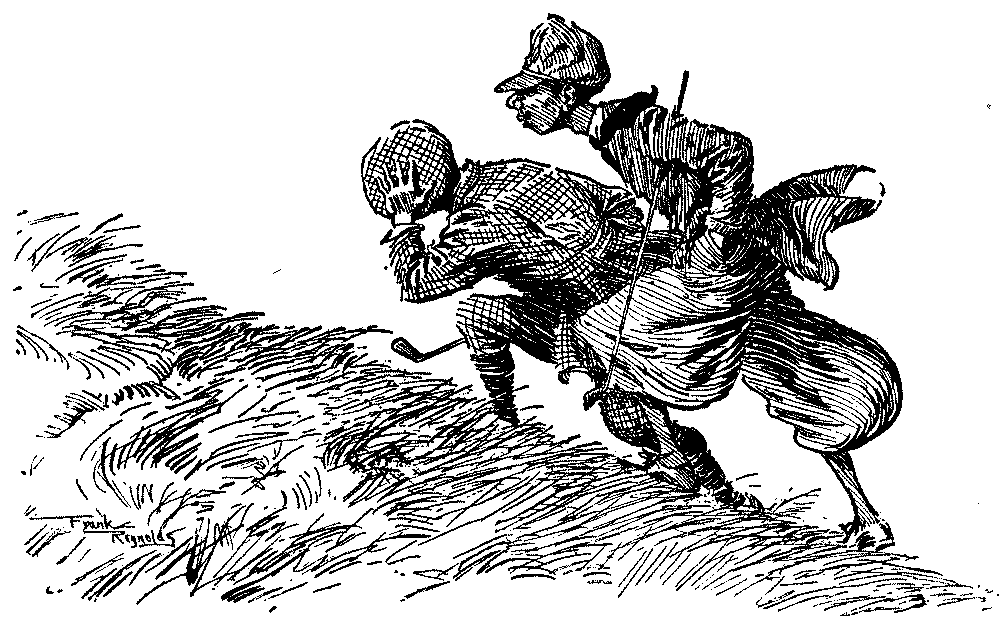 Golfers climbing a steep hill.