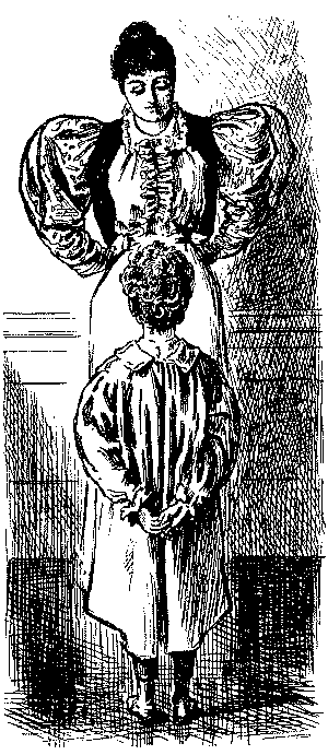 Woman in dress with large sleeves, and small girl.