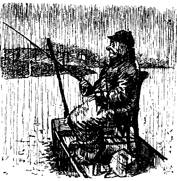 Man fishing in heavy rain.